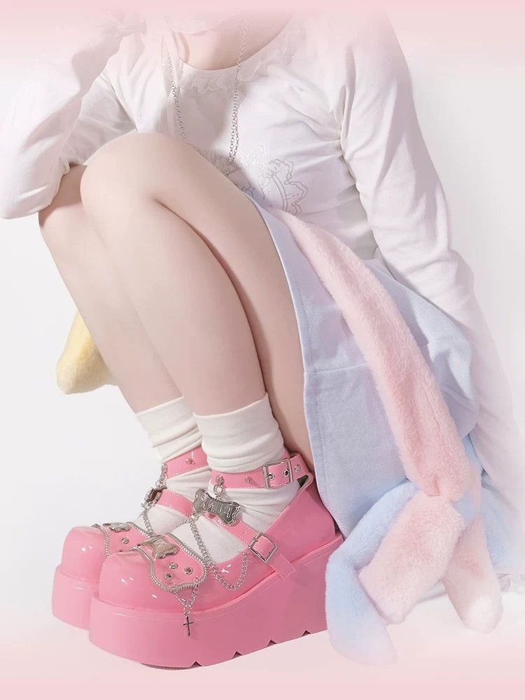 Punk Bone Chain Platform Lolita Shoes in Pink, Black, White and Blue