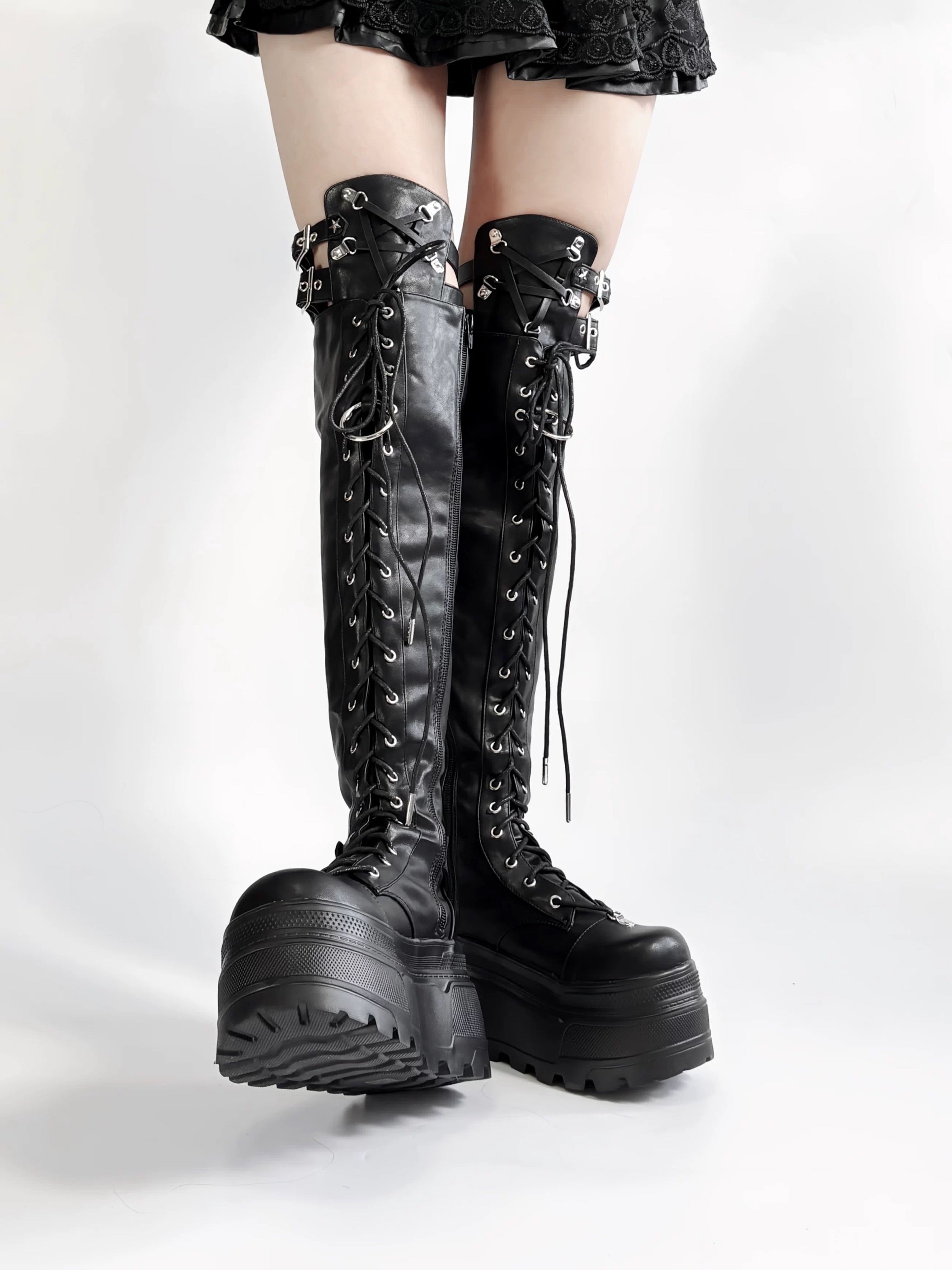 Black Matte Over-the-Knee Platform Boots