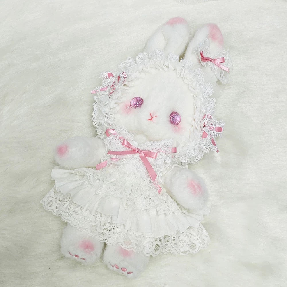 Pink bunny bag with plush texture and lace dress design