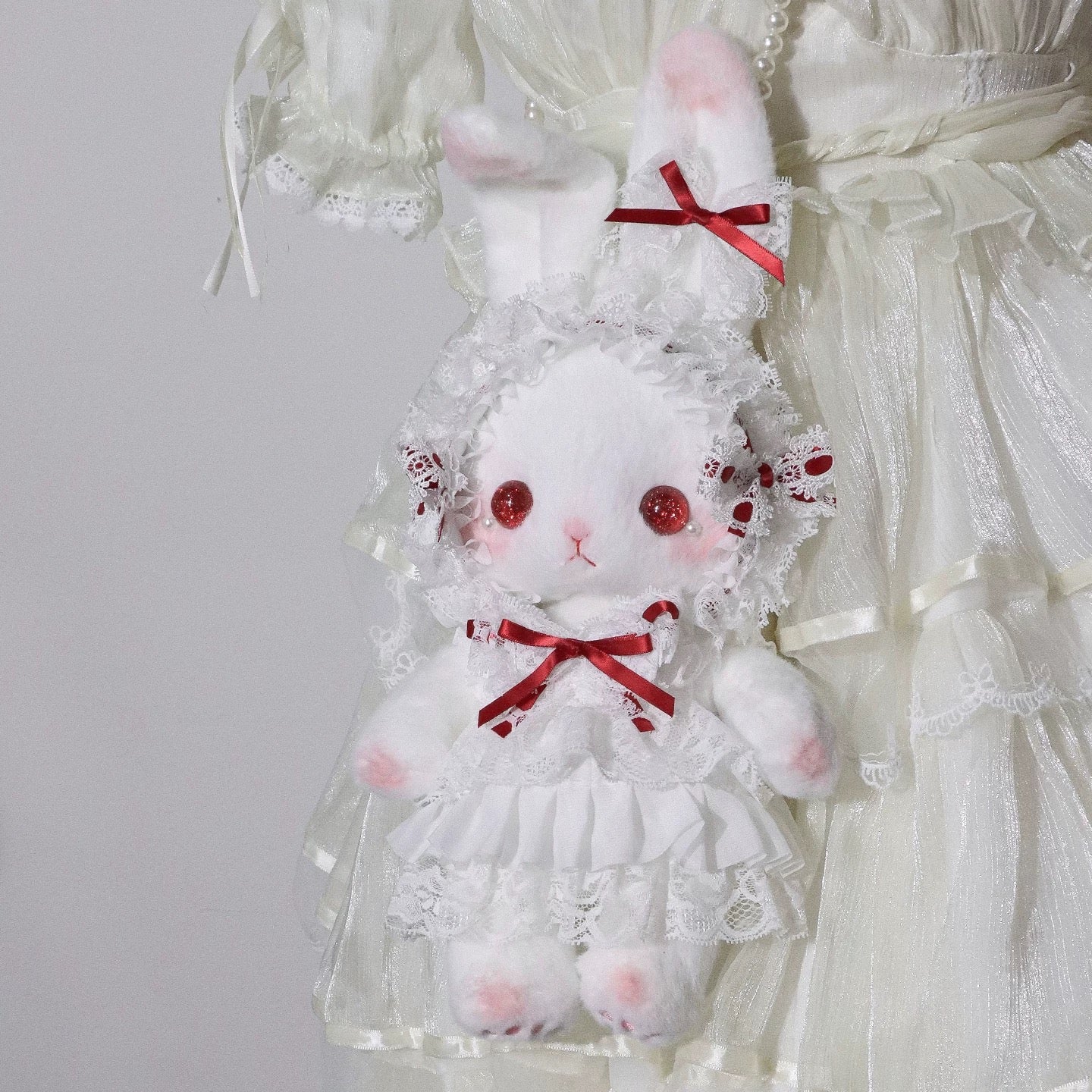 Bunny Lace Lolita Bag with lace embellishments and red ribbon
