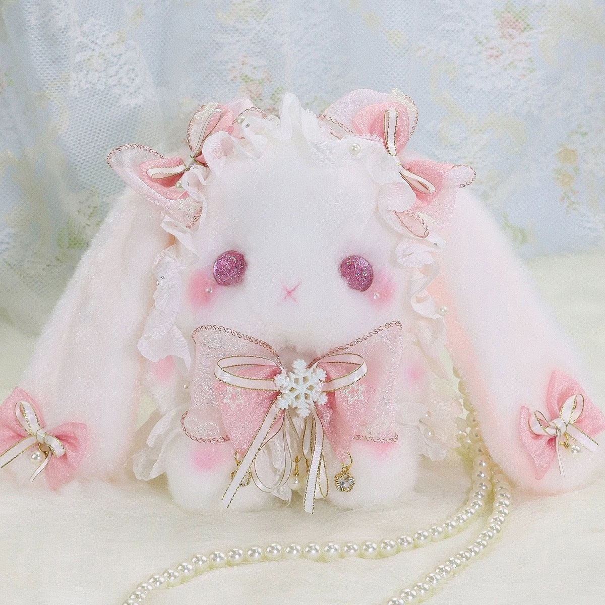 Adorable pink plush bunny Lolita bag with lace ruffles