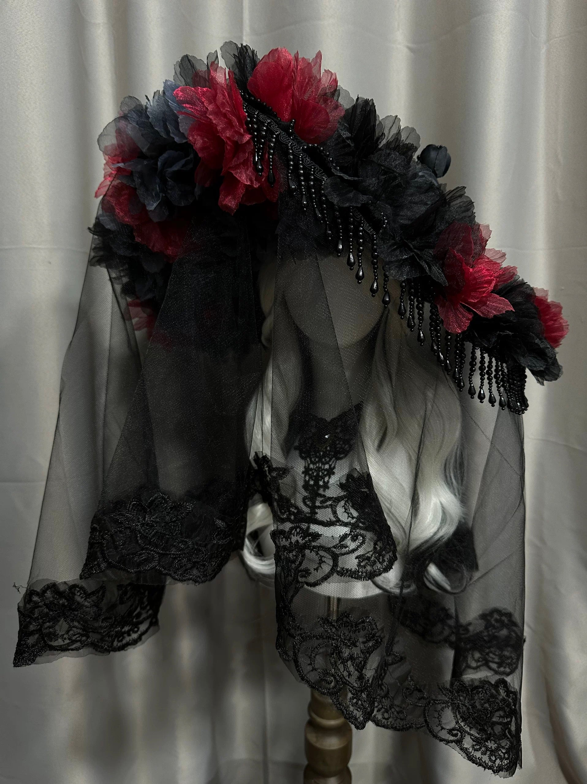 Crimson Noir Rose Veil Hat