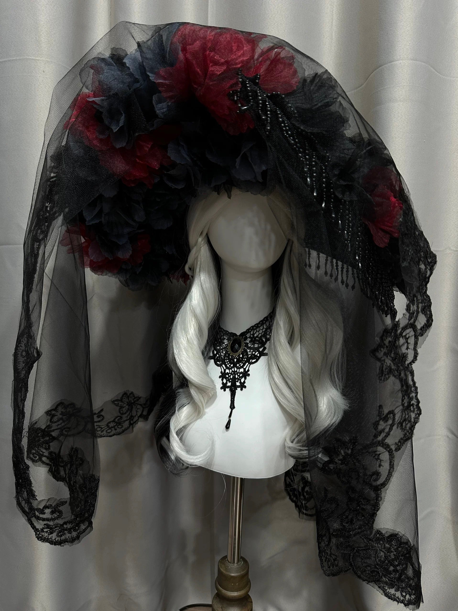 Crimson Noir Rose Veil Hat