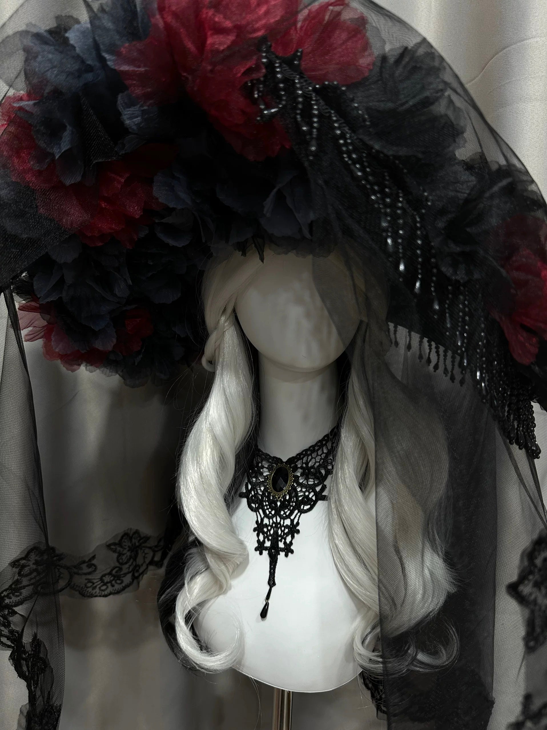 Crimson Noir Rose Veil Hat