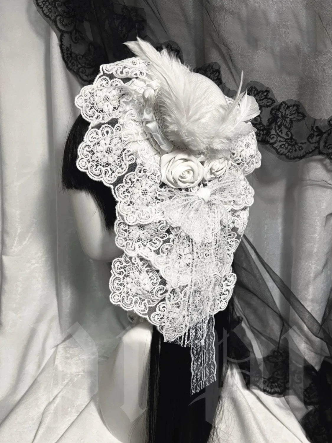 Gothic Rose Feather Lace Headdress