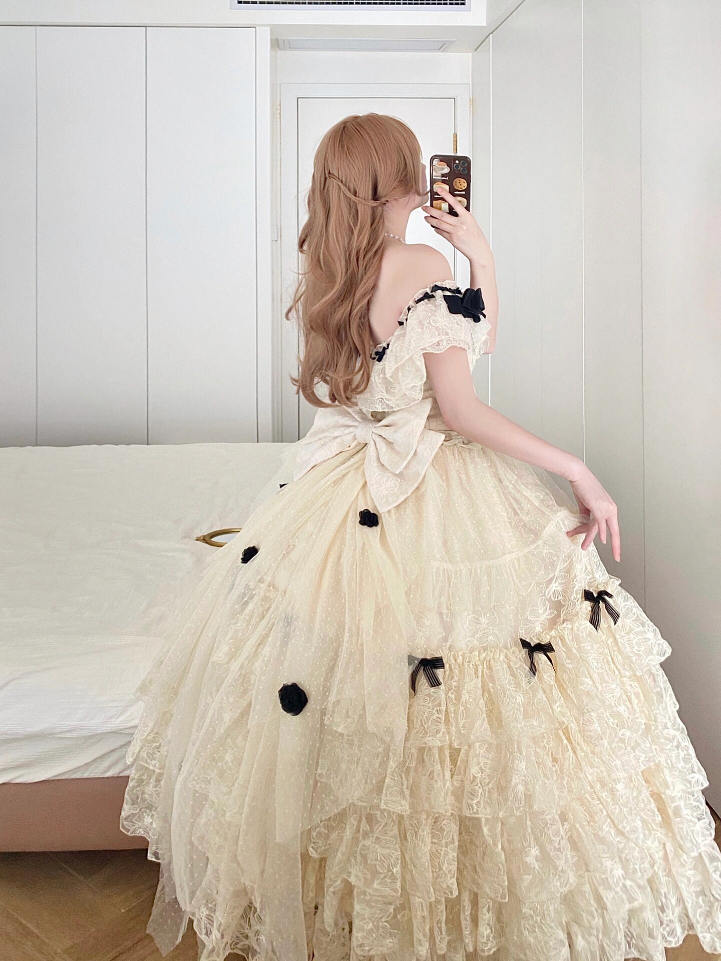 Elegant off the shoulder Rococo Lolita dress with lace and ruffles