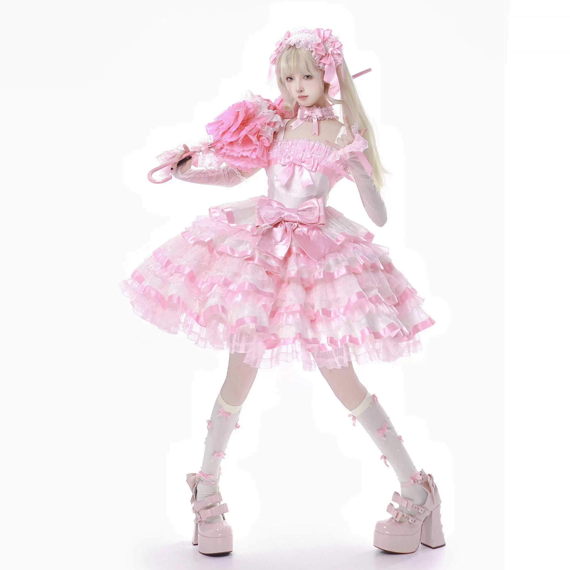 Charming Lolita Dress with Ruffled Blouse and Sweet Details in Pink