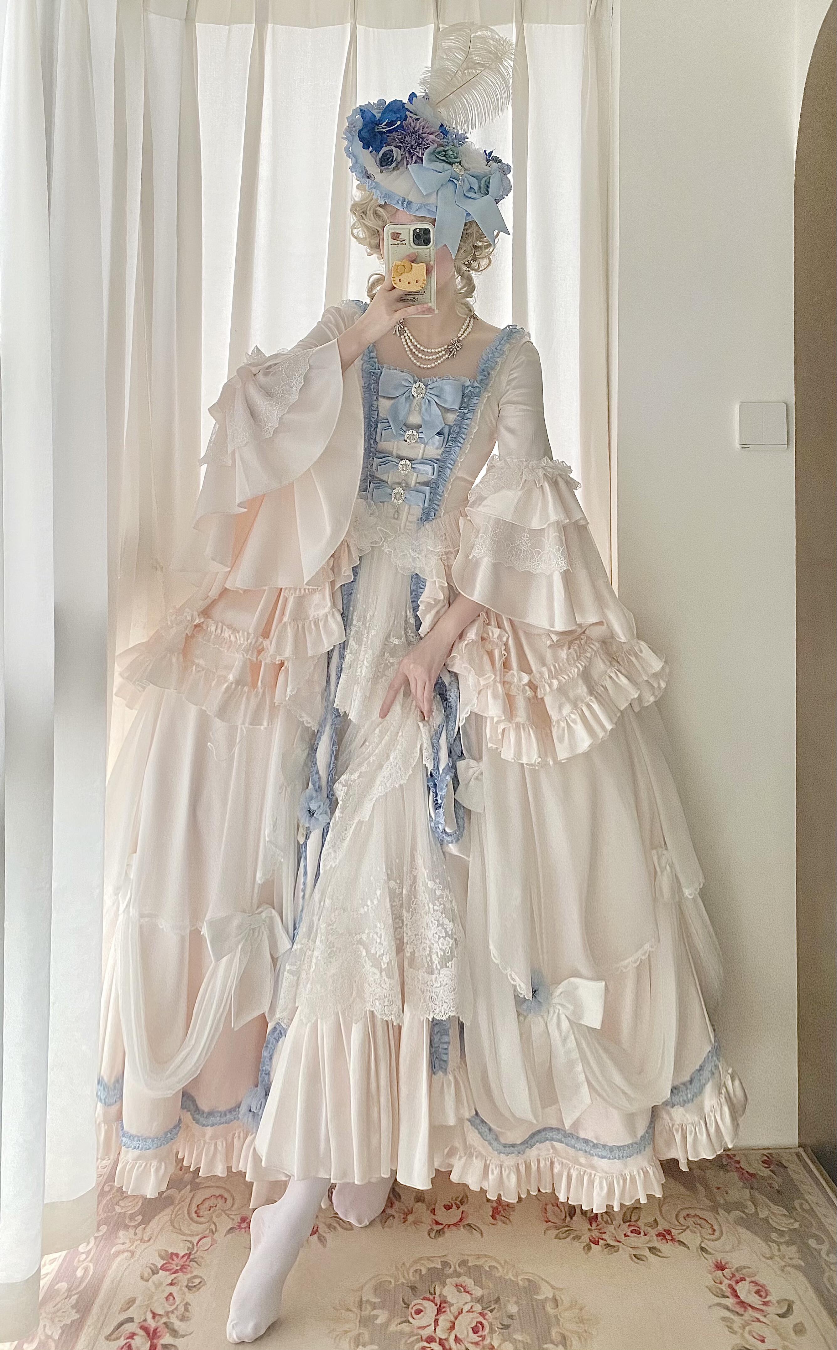 Majestic Light Pink & Baby Blue Rococo Lolita & Quinceañera Dress with Ruffles, Lace, and Pearl Accents
