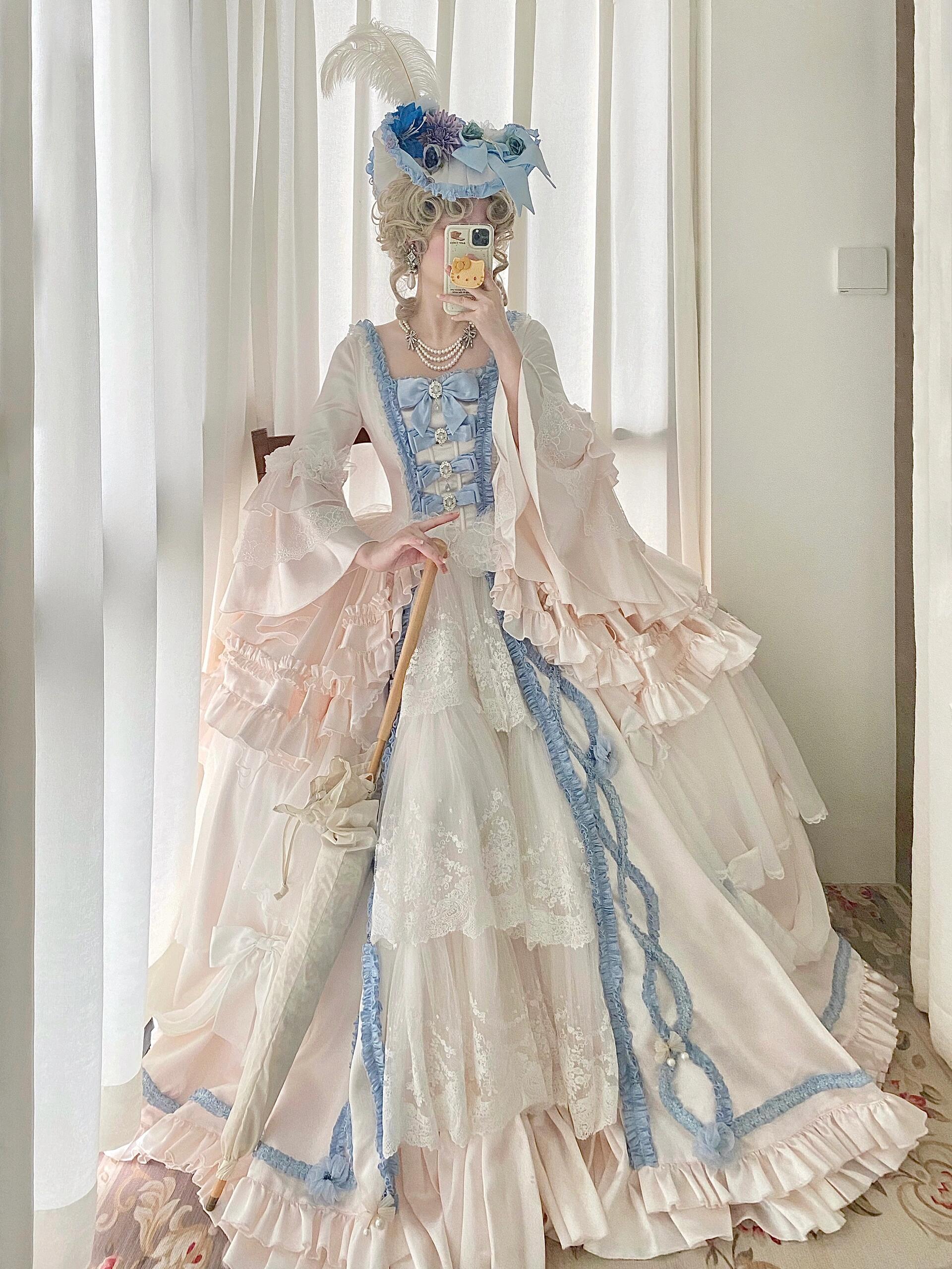 Majestic Light Pink & Baby Blue Rococo Lolita & Quinceañera Dress with Ruffles, Lace, and Pearl Accents
