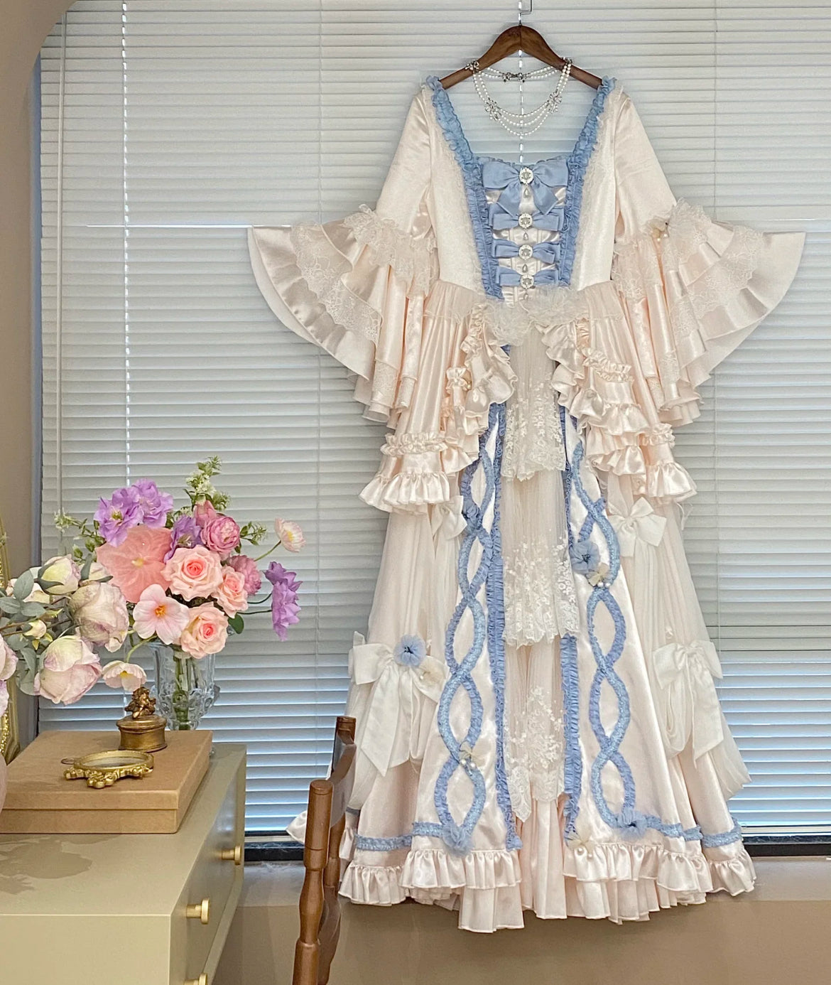 Majestic Light Pink & Baby Blue Rococo Lolita & Quinceañera Dress with Ruffles, Lace, and Pearl Accents
