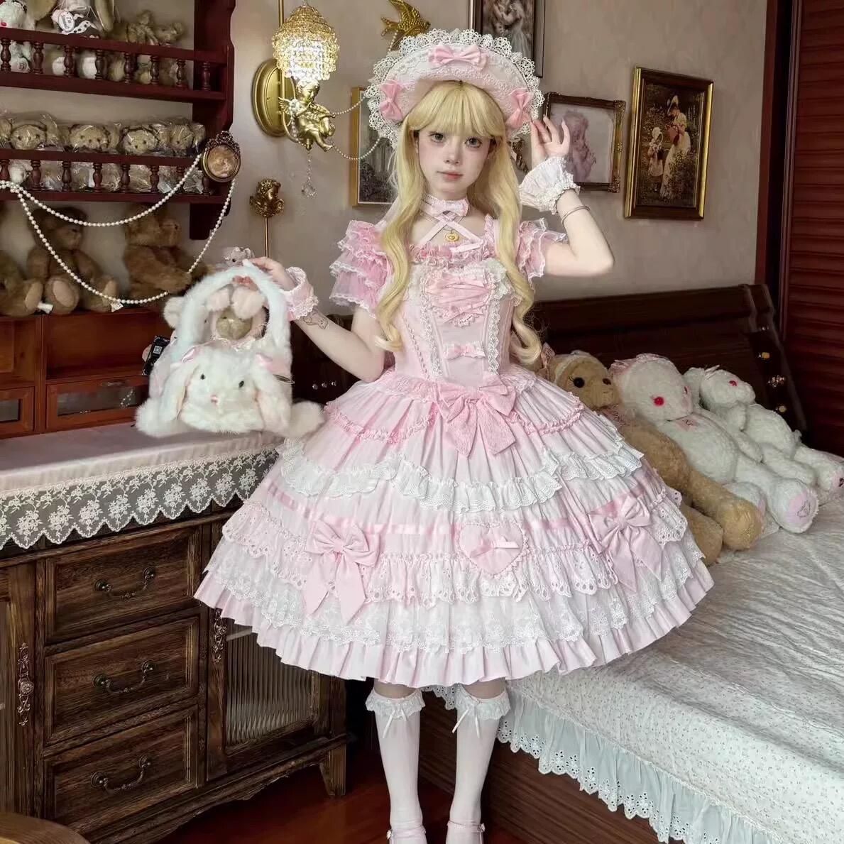 Dreamy Lace Lolita Dress - Blue, Pink & Black