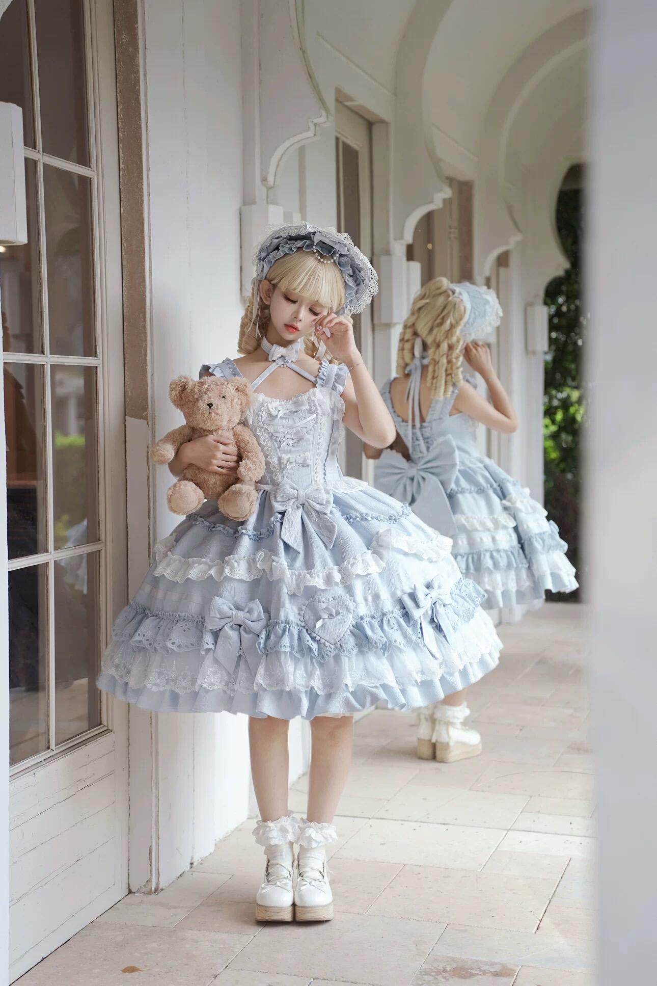 Dreamy Lace Lolita Dress - Blue, Pink & Black