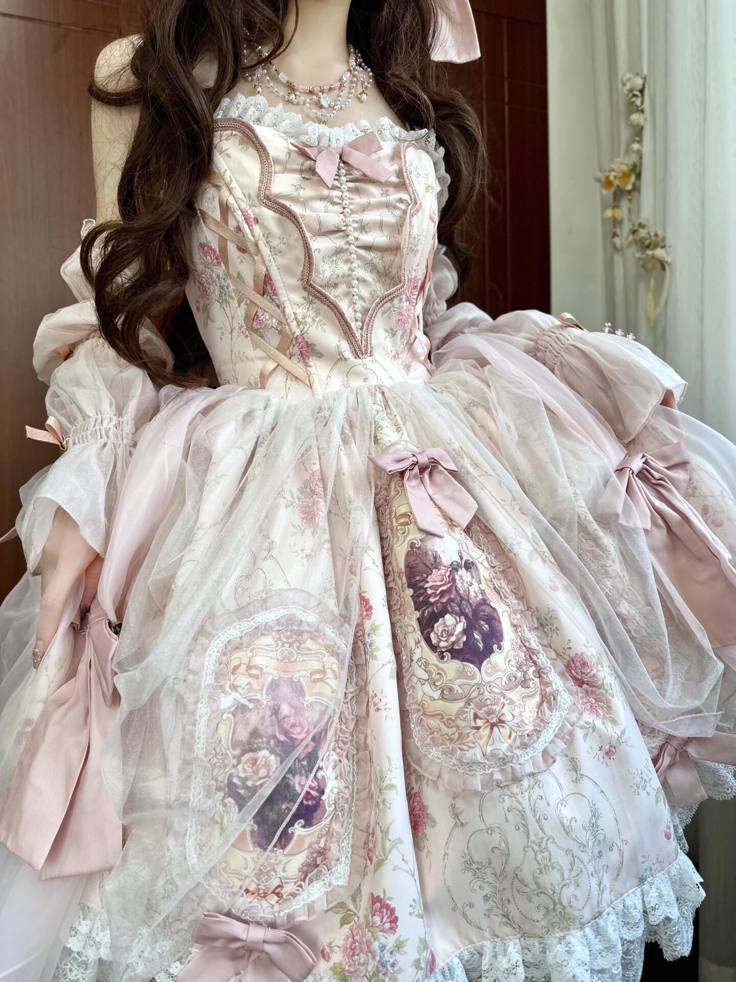Exclusive Sukuroi Elegant Floral Lolita Dress with Corset Lacing and Ruffled Skirt