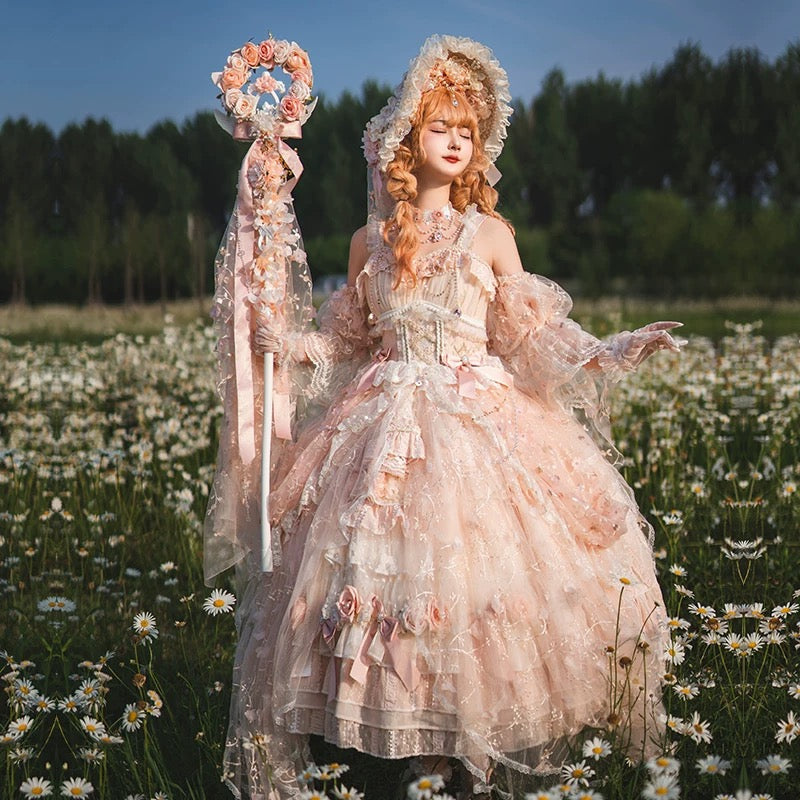 rococo style dress Rococo-Style Pink Plus-Size Dress with Ruffle Trimmings & Lace Details