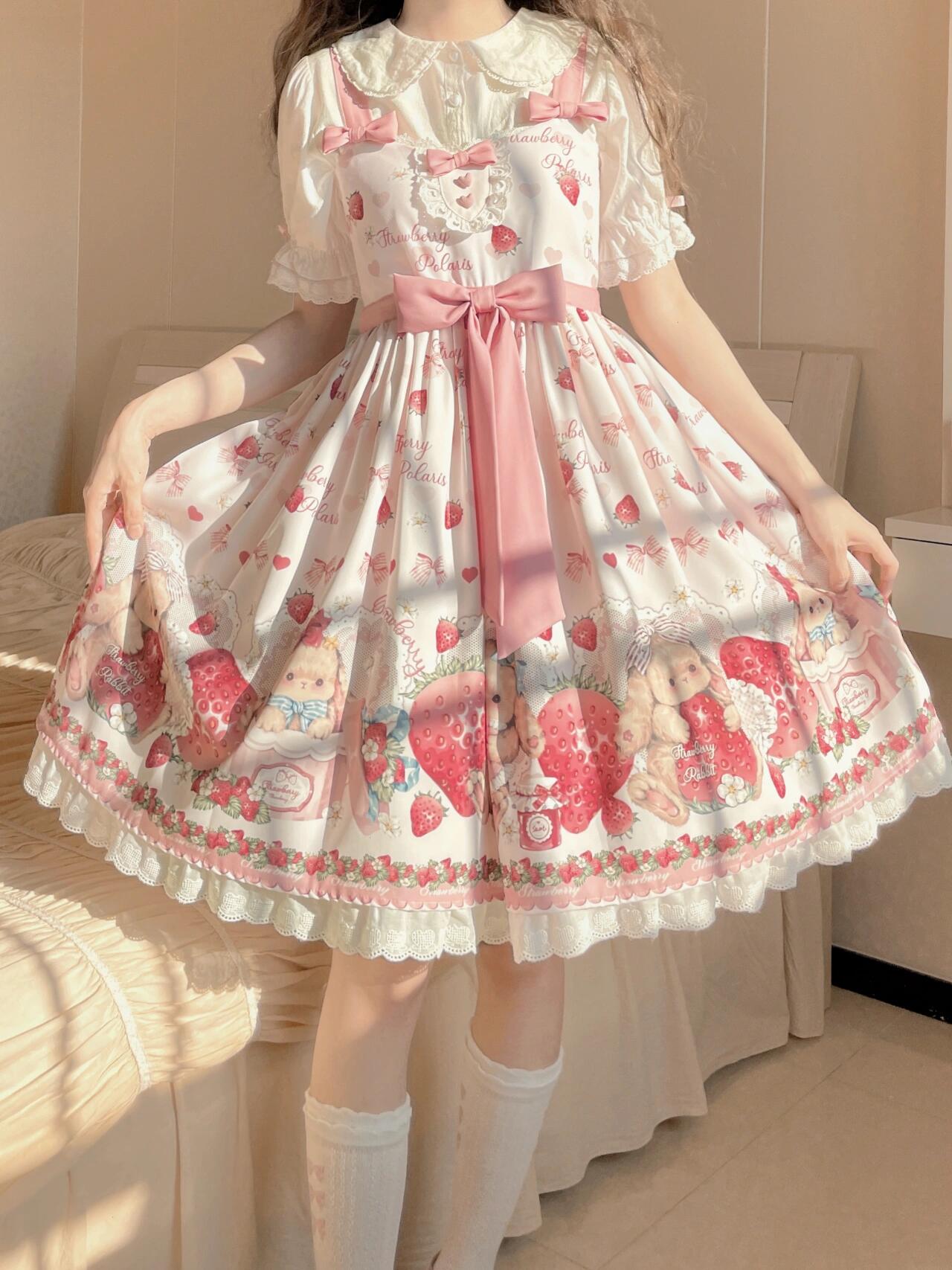 Pink Lolita Dress with Strawberry and Bunny Print and Matching Blouse