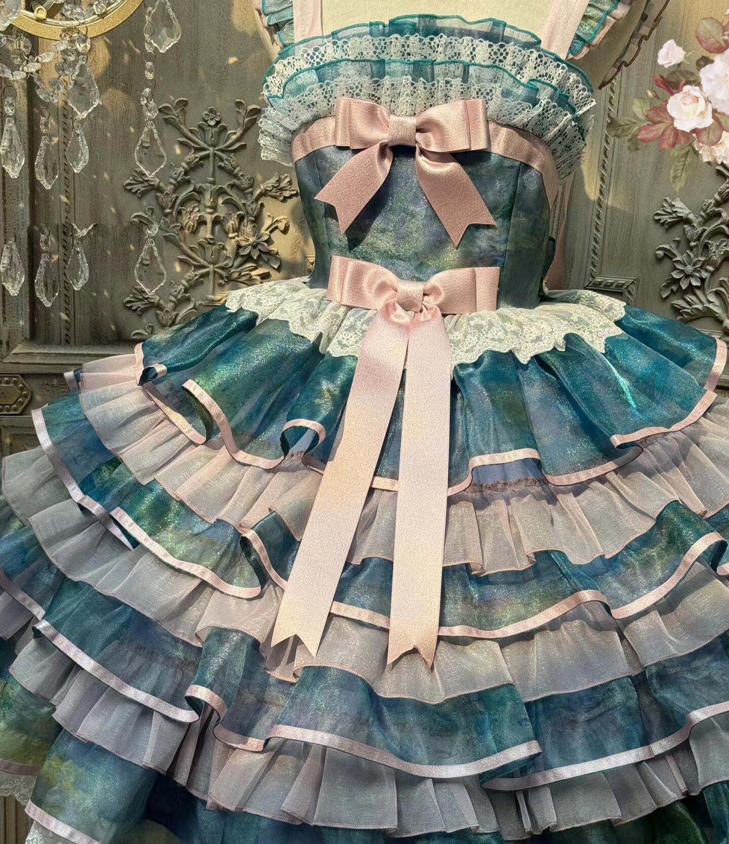 A pastel frilled dress with bows