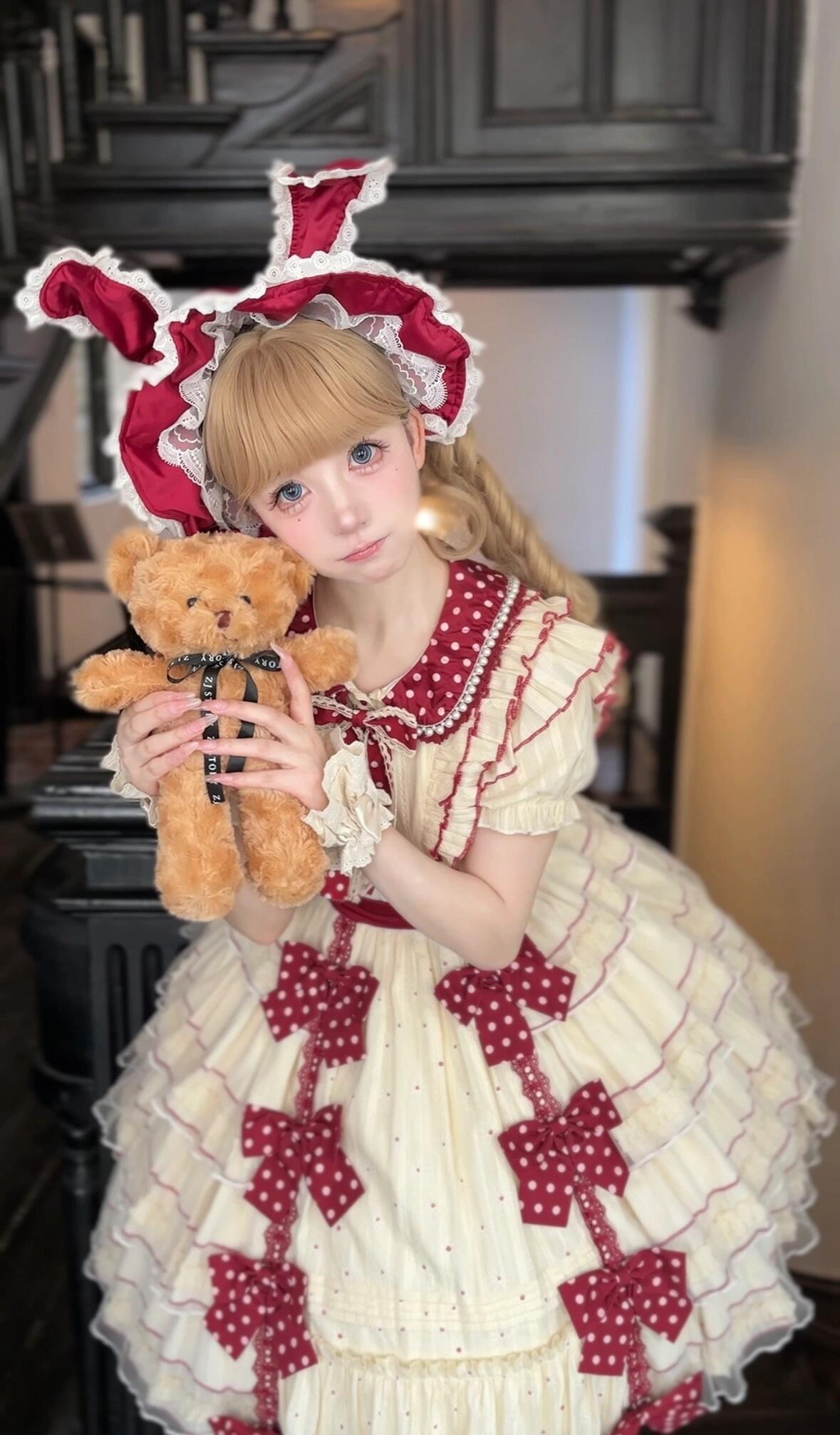 Vintage Cream & Burgundy Polka Dot Lolita Dress with Bunny Ear Bonnet