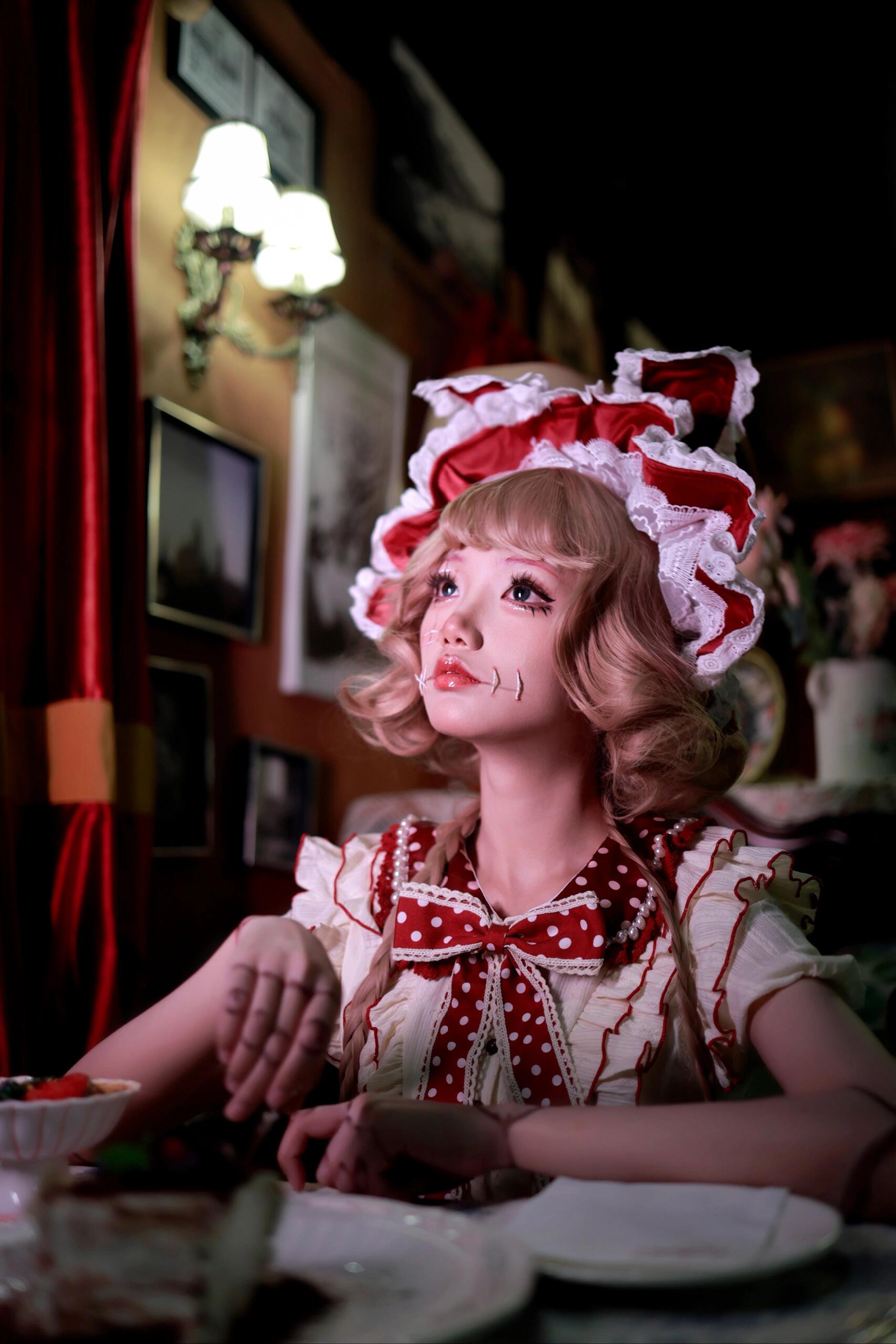 Vintage Cream & Burgundy Polka Dot Lolita Dress with Bunny Ear Bonnet