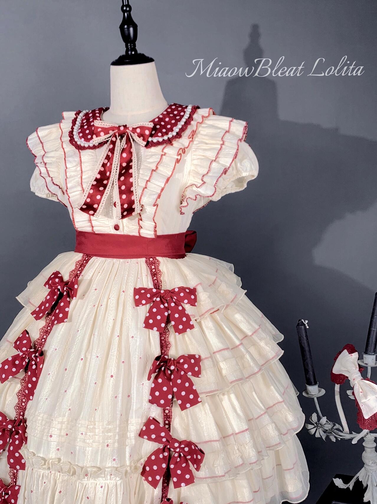Vintage Cream & Burgundy Polka Dot Lolita Dress with Bunny Ear Bonnet