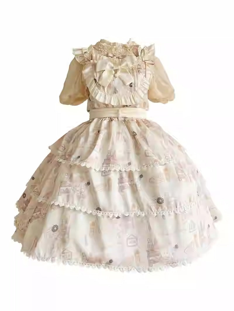 Tiered skirt plus-size Lolita dress with puff sleeves and vintage print