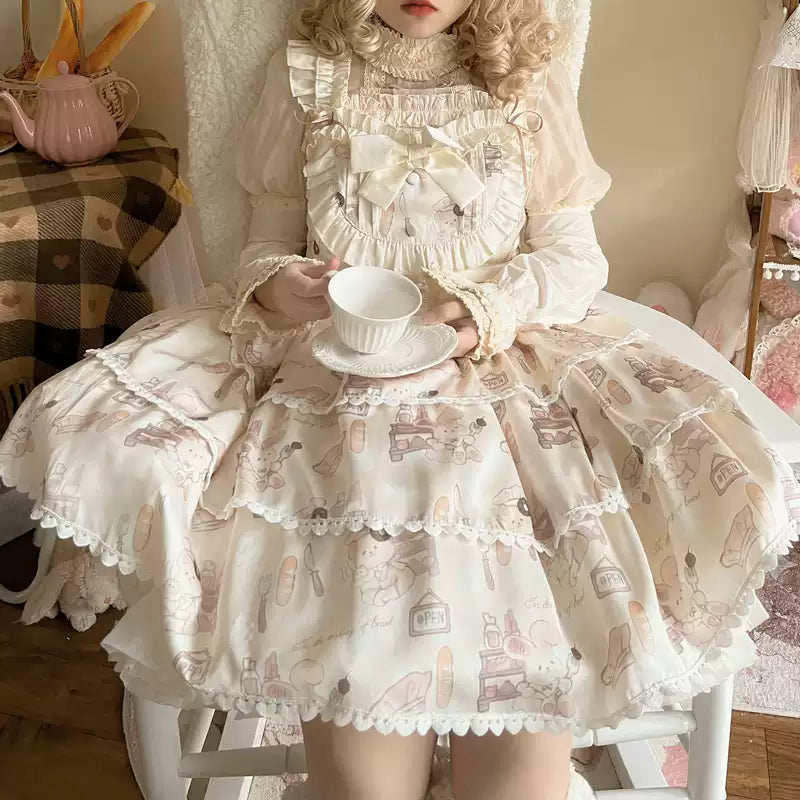 Elegant plus-size Lolita dress featuring puff sleeves and a tiered skirt