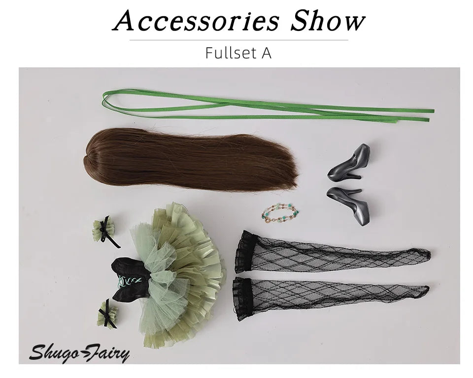 The ShugaFairy Pegasus Fullset A includes a wig, green ribbon, dress, shoes, stockings, hair ties, and a bracelet