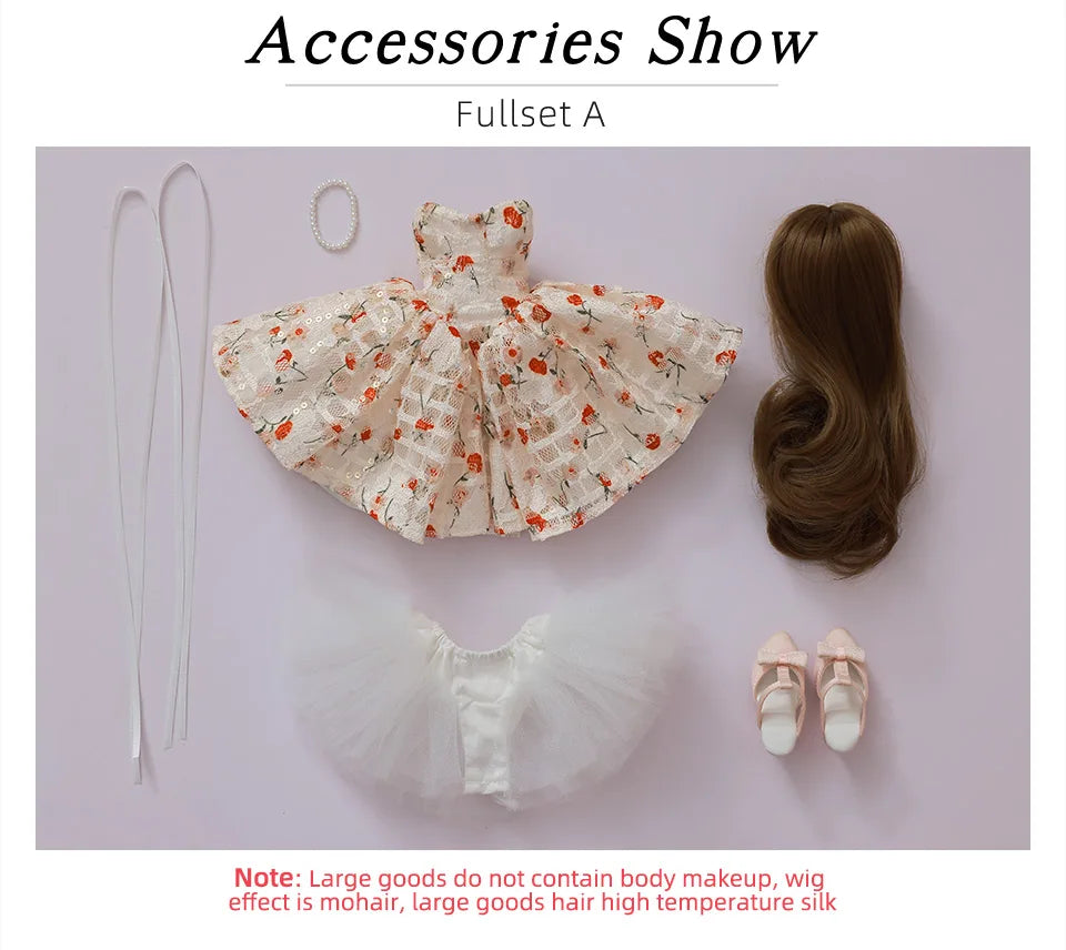 Doll floral dress white orange with accessories including wig, shoes, and pearl necklace from Fullset A