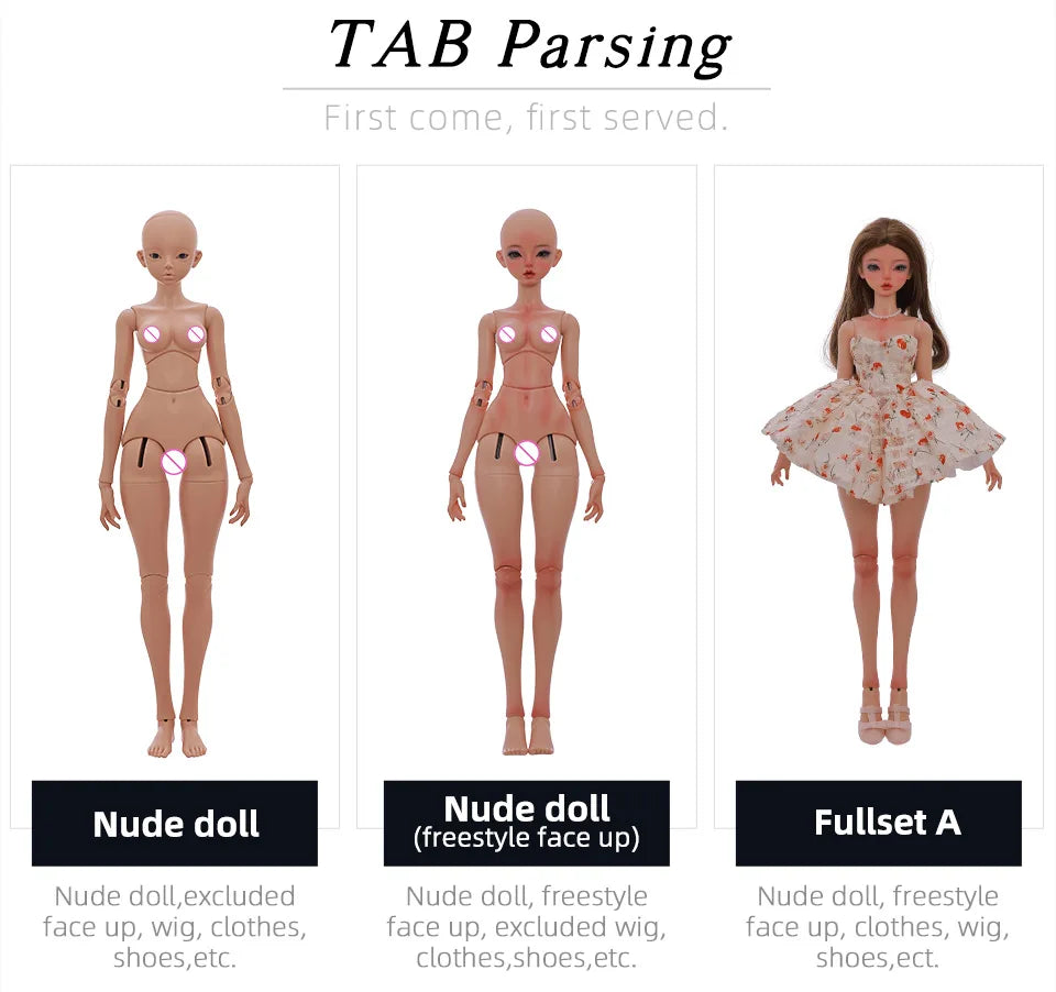 Doll floral dress white orange shown in fullset beside nude doll comparisons