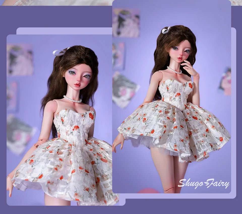 Two poses of a BJD doll wearing a white Doll Floral Dress with orange flower print