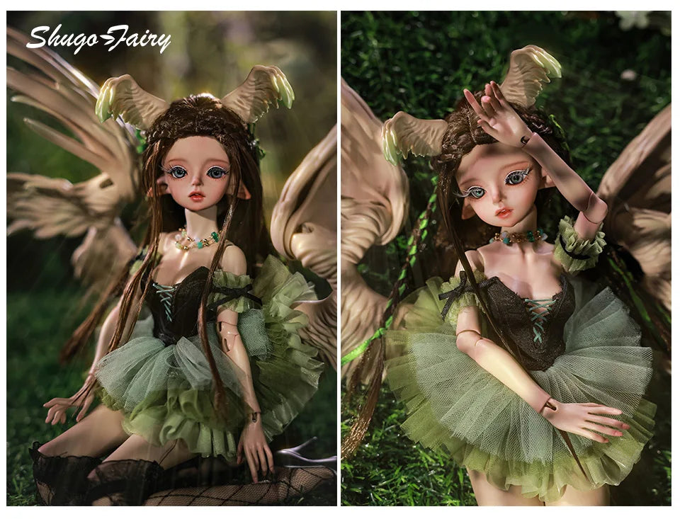 ShugaFairy Pegasus BJD doll with green tutu and wings, posed in nature-inspired setting