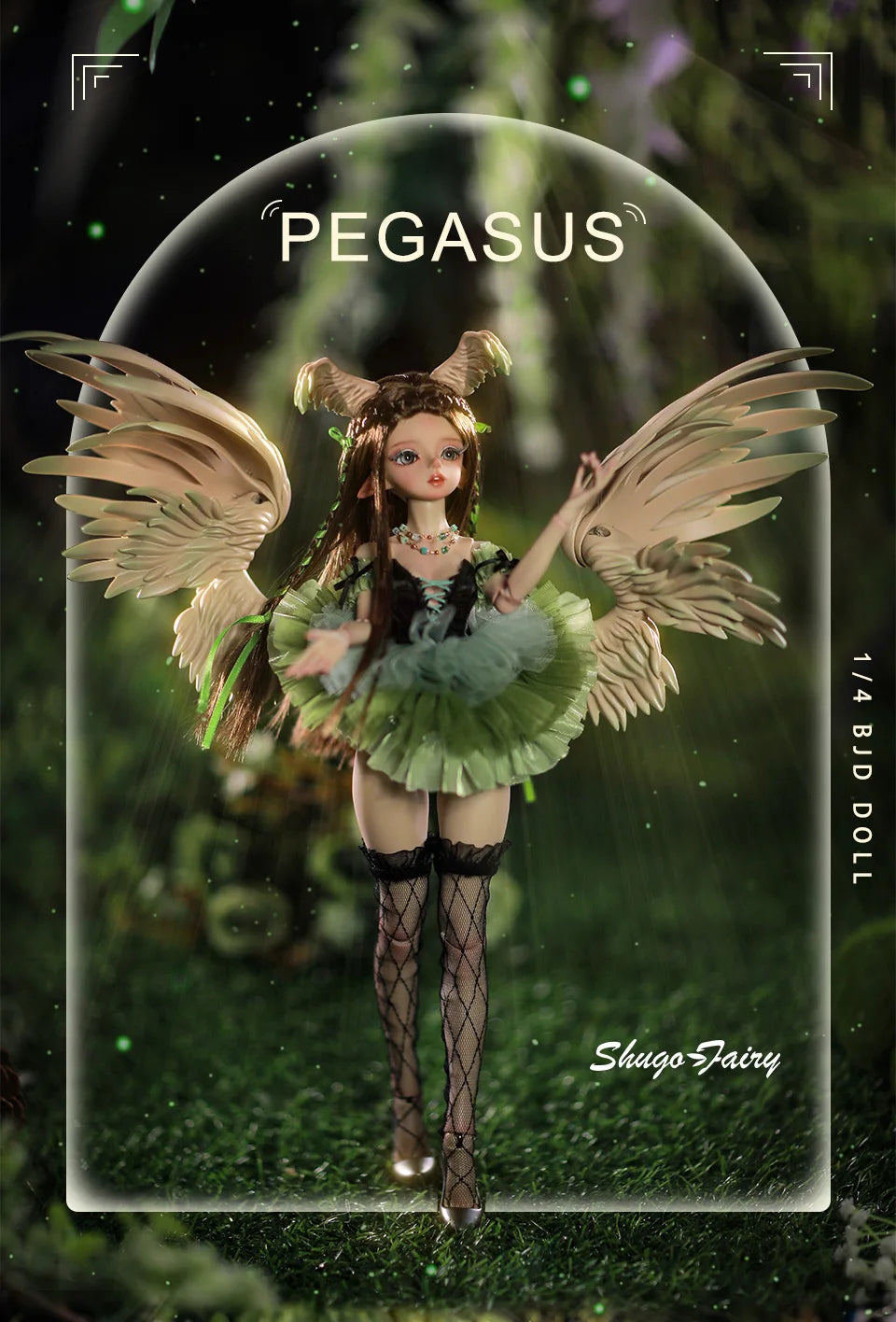 ShugaFairy Pegasus BJD doll with wings, green tutu, and stockings in a magical forest setting