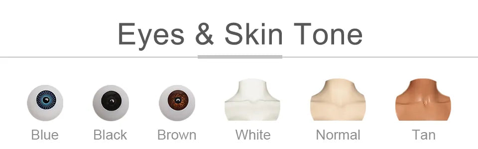 Doll eye color options in blue, black, brown and skin tones in white, normal, and tan