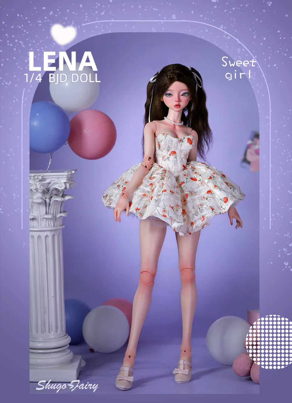 Lena BJD doll wearing a white Doll Floral Dress with orange flowers, posed in a pastel balloon backdrop