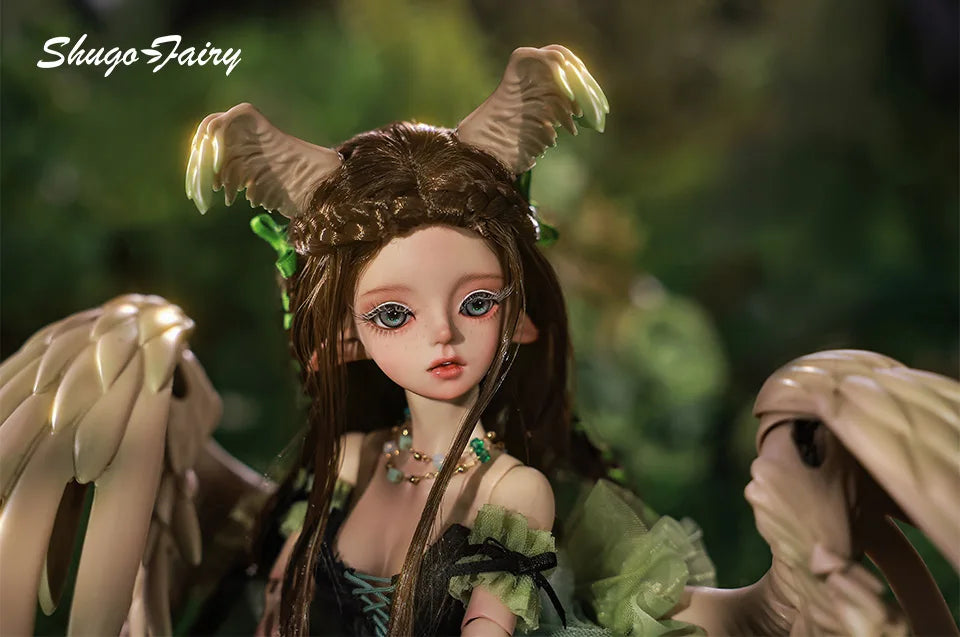 Close-up of ShugaFairy Pegasus BJD doll with wings and forest-themed outfit