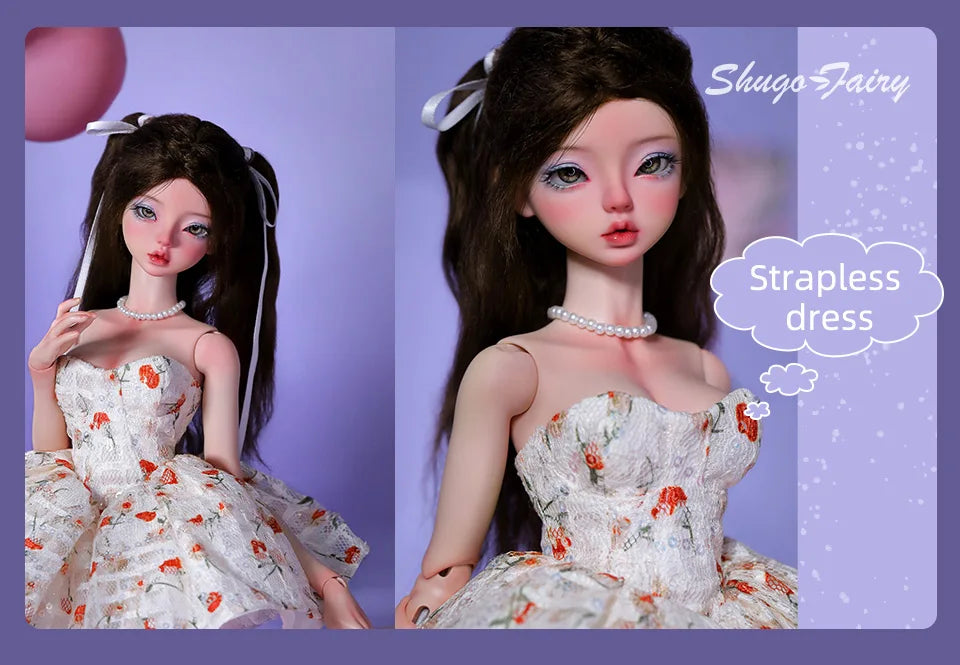 BJD doll wearing a white Doll Floral Dress with orange flowers in a strapless style