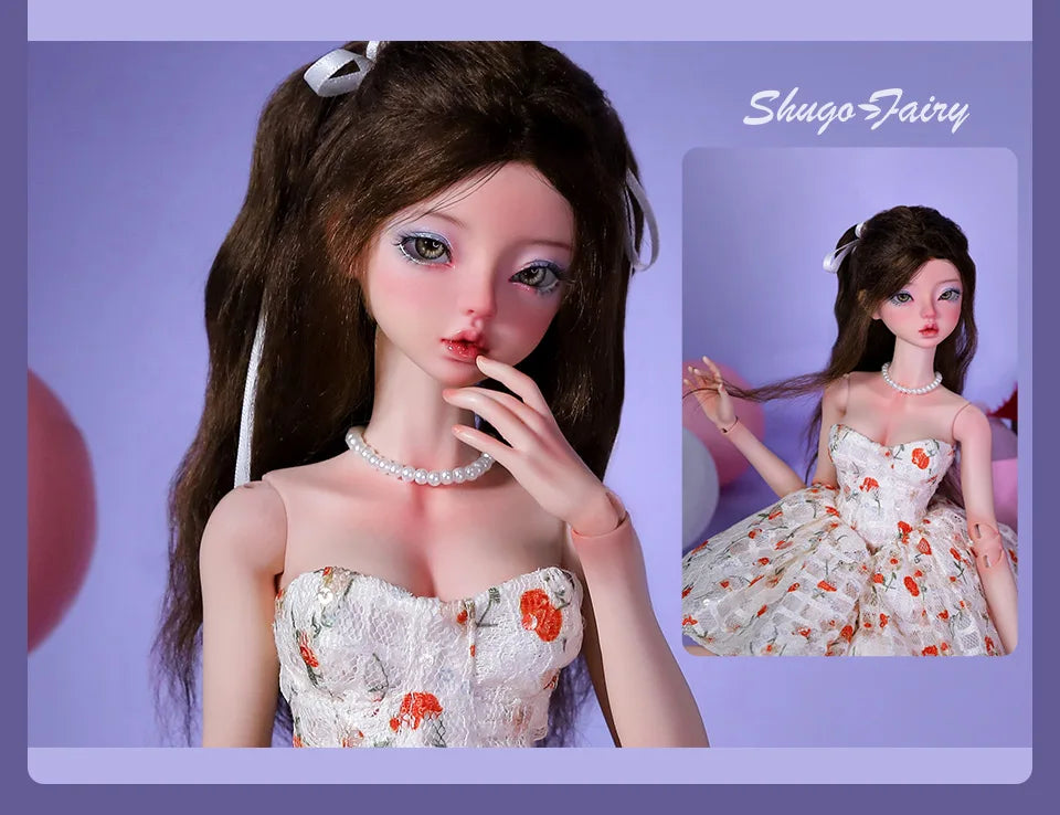 Doll in a white Doll Floral Dress with orange flower patterns and a pearl necklace