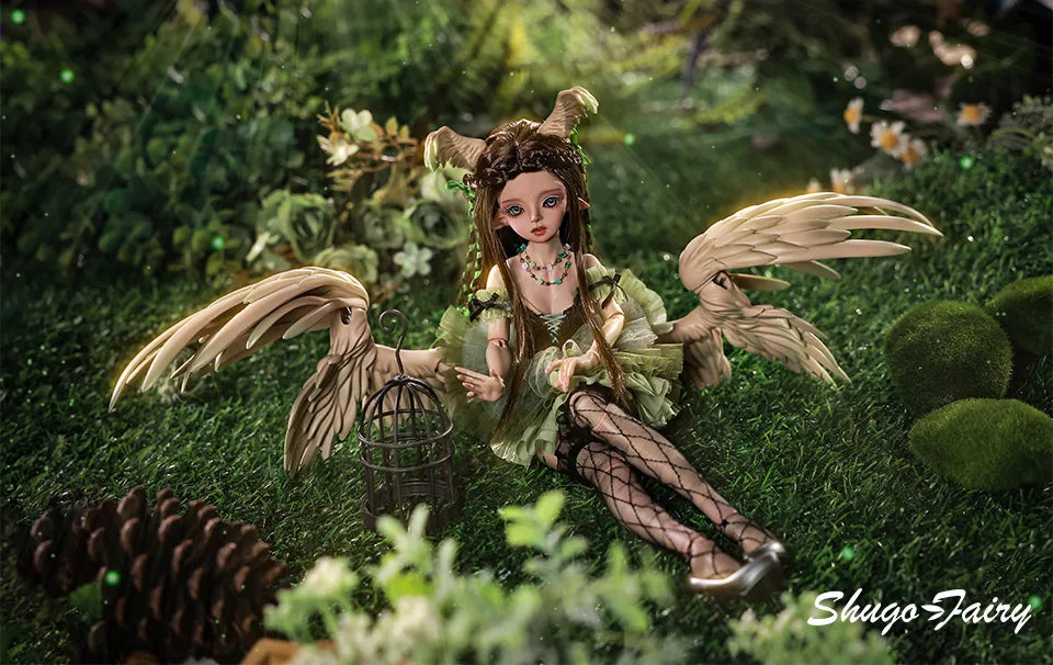 ShugaFairy Pegasus BJD doll sitting in a forest with wings, fishnet stockings, and a green tutu