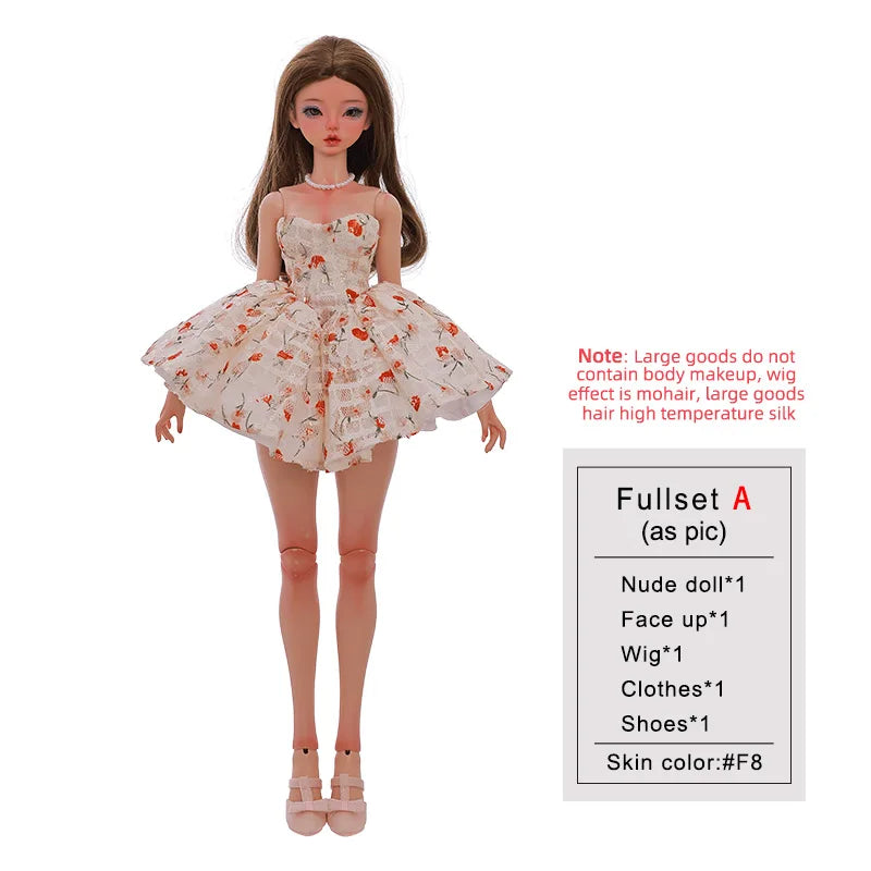 Doll wearing a white Doll Floral Dress with orange flowers, displayed with fullset details on the side