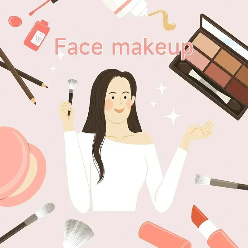 Illustration of face makeup tools with a woman applying makeup, including brushes, cosmetics, and a palette