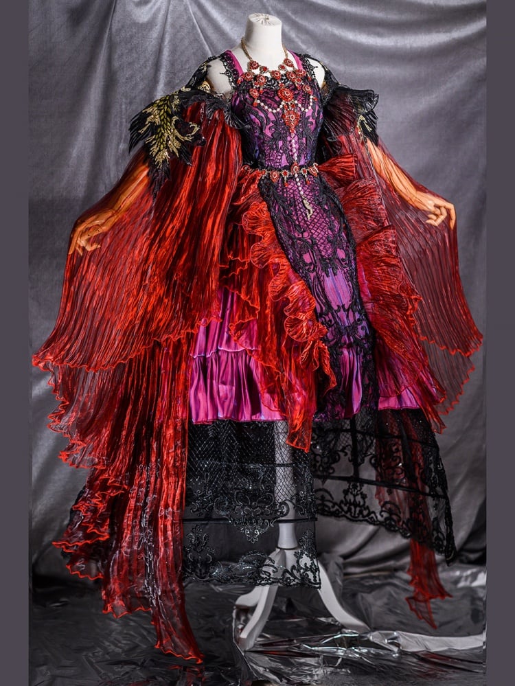 Red Gorgeous One Piece Detachable Sleeves Gothic Dress Full Set