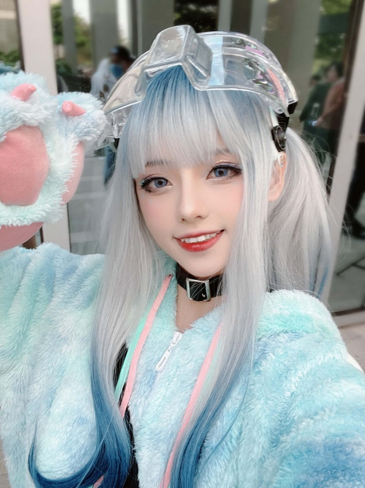 Long Straight Light Blue Ombre Hair Wig