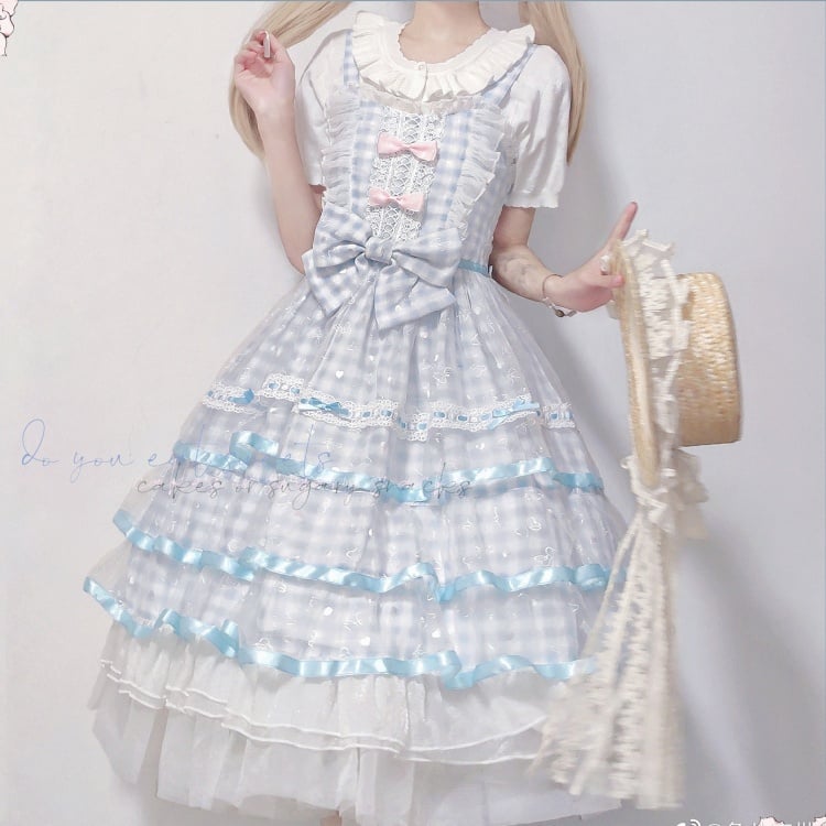 Icing Butterfly Cracker Blue Gingham Tiered Ruffle Hem High Waist Jumper Skirt