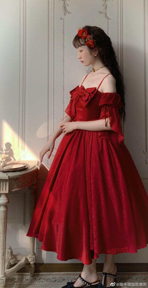 Morning Dew Red Off-the-shoulder Neckline Short Sleeves Elegant Lolita Dress OP