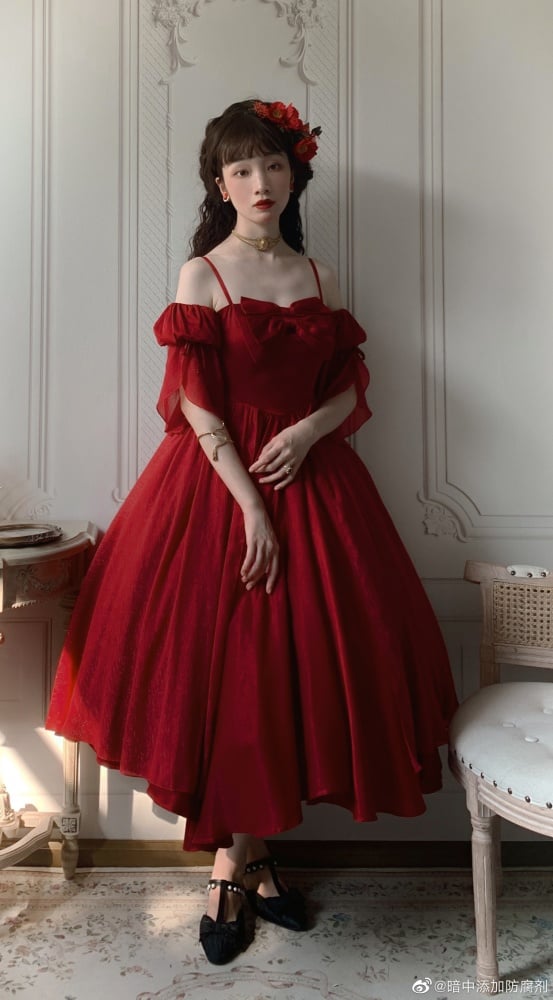 Morning Dew Red Off-the-shoulder Neckline Short Sleeves Elegant Lolita Dress OP