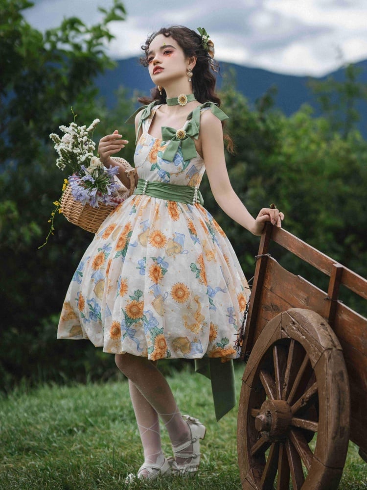 Sunflowers Print Bubble Skirt Summer Dress