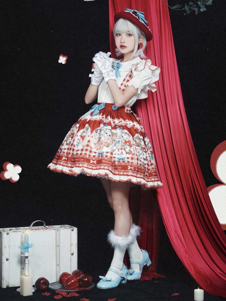 Picnic Day Red Plaid Kitty Print Ruffle Hem Overalls