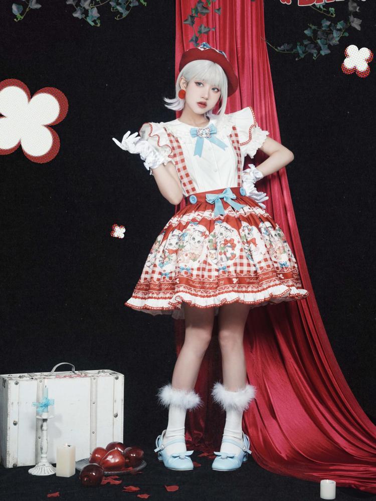 Picnic Day Red Plaid Kitty Print Ruffle Hem Overalls