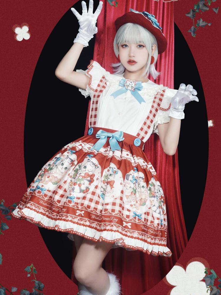 Picnic Day Red Plaid Kitty Print Ruffle Hem Overalls