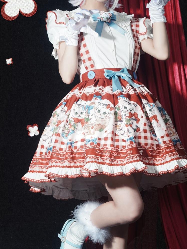 Picnic Day Red Plaid Kitty Print Ruffle Hem Overalls