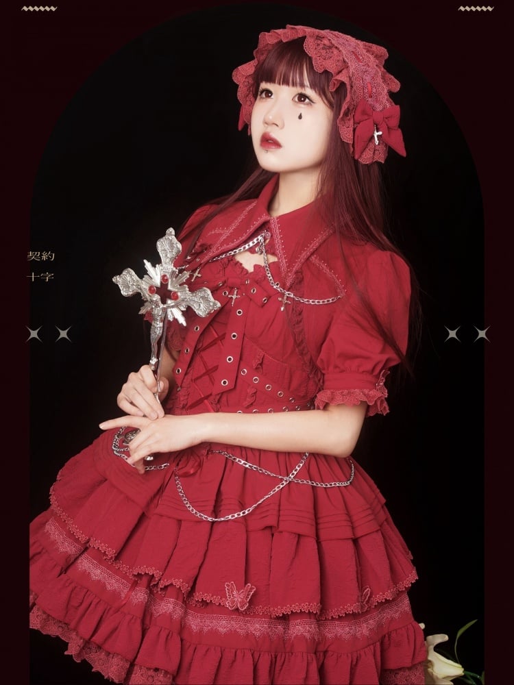 Punk Goth Red Short Jumper Skirt Adjustable Criss-cross Straps Waist